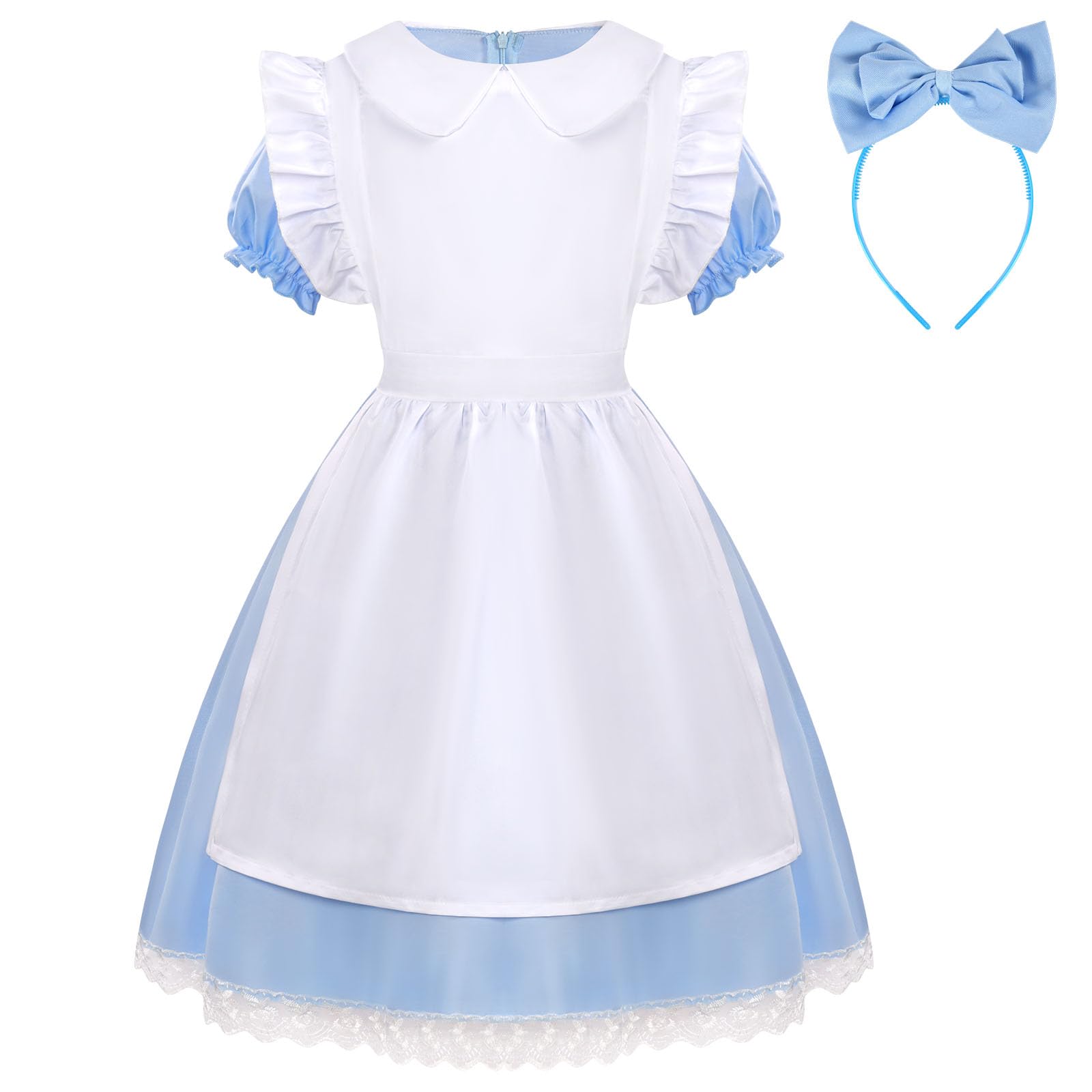 Aomig Alice's Wonderland Costume Set with Hairband for Girls - Blue and White Dress, Perfect for Book Day and Halloween