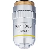 AmScope PA10XK 10X Plan Achromatic Objective Lens with Knurled Ring | DIN Standard RMS 20.32mm Thread 160mm Finite Tube Length Compatible Numerical Aperture 0.25 Plan Achromatic