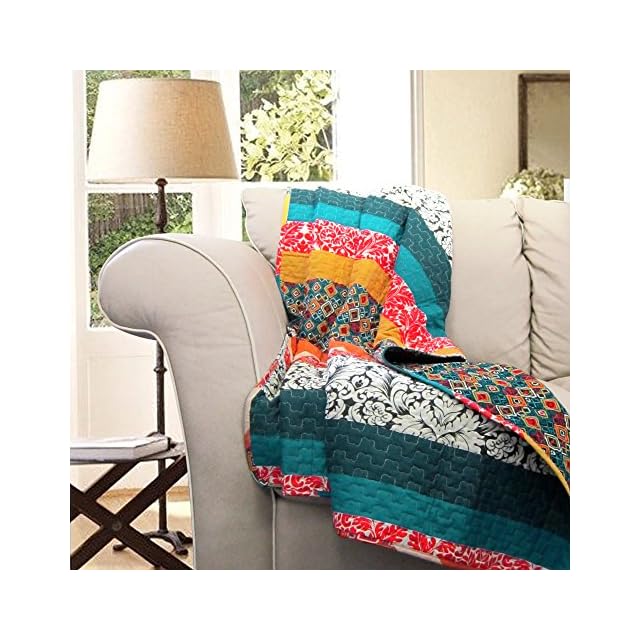 Lush Decor Boho Reversible Throw Colorful Striped Pattern Bohemian Blanket, 60” x 50”, Turquoise