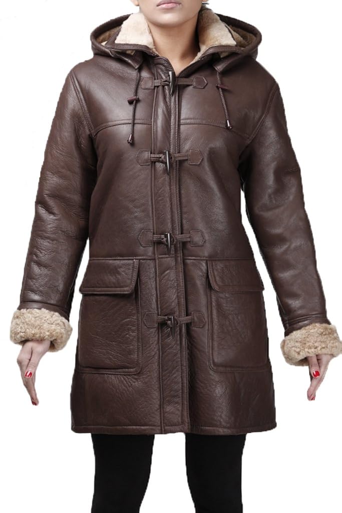 Infinity Warm Brown Long Winter Hooded Real Shearling Sheepskin Women's