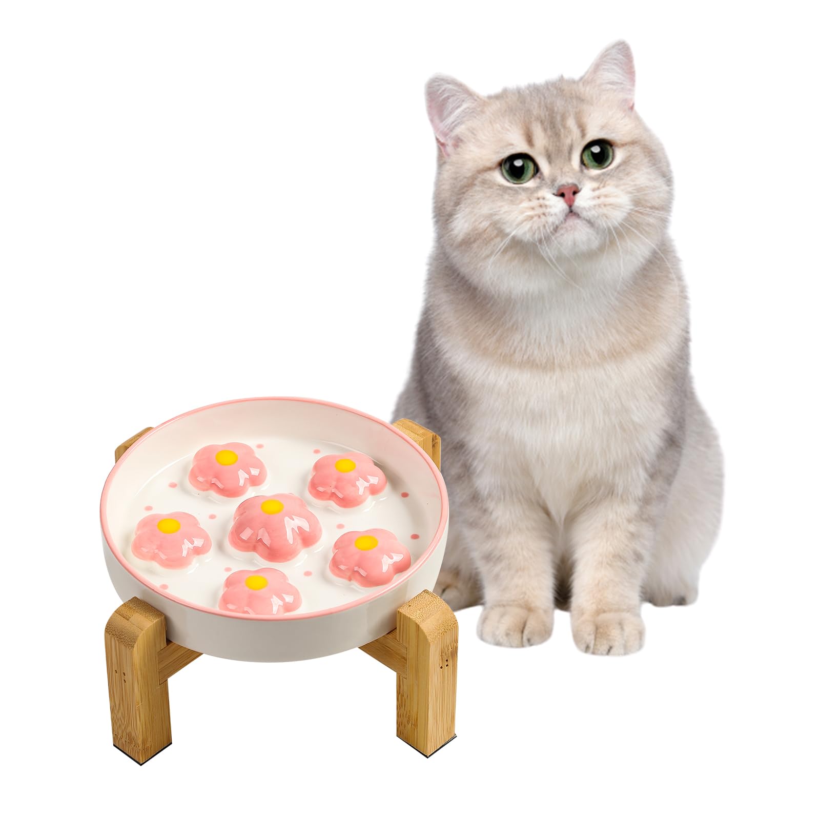 Photo 1 of Elevated Slow Feeder Cat Bowl - Maze Puzzle Cat Food Dish with Bamboo Stand, Anti-Slip - Raised Base for Comfortable Eating - 6 OZ - Blush Pink Flower
