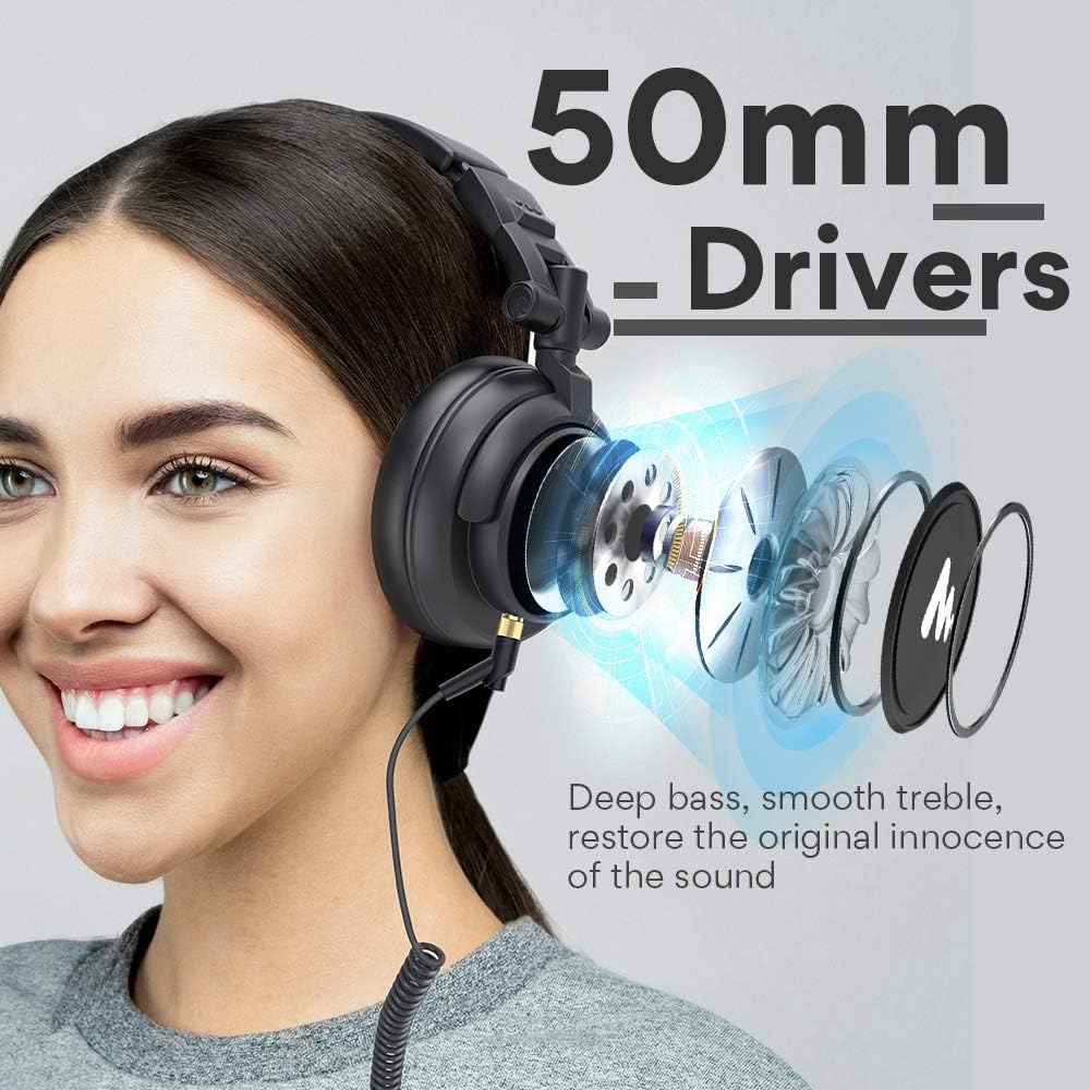 50MM Drivers Studio Headphones MAONO AU-MH601 Over Ear Stereo Monitor Closed Back Headphones for Music, DJ, Podcast (Black): Home Audio & Theater