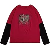 WDIRARA Women's Goth Graphic T Shirts Crewneck Long Sleeve 2 in 1 Tees Y2k Tops Streetwear
