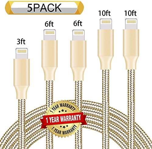 Ulimag Lightning Cable 5Pack 3FT 6FT 6FT 10FT 10FT Nylon Braided Certified iPhone Cable USB Cord Charging Charger for iPhone X, 8, 8 Plus, 7, 7 Plus, 6s, 6s Plus, 6, 6 Plus, SE, iPad (Gold)