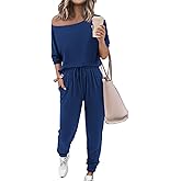Zenlonr Women Summer 2 Piece Outfits 2026 Off Shoulder Short Sleeve Tops Elastic Waist Drawstring Long Pants Tracksuit