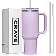Crave Cups 40oz Tumbler with Lid and Straw l Reusable Spill Proof Double Wall Insulated Stainless Steel Water Bottle Travel Mug l Cupholder Friendly Vacuum Sealed Tumbler with Handle (Lavender)