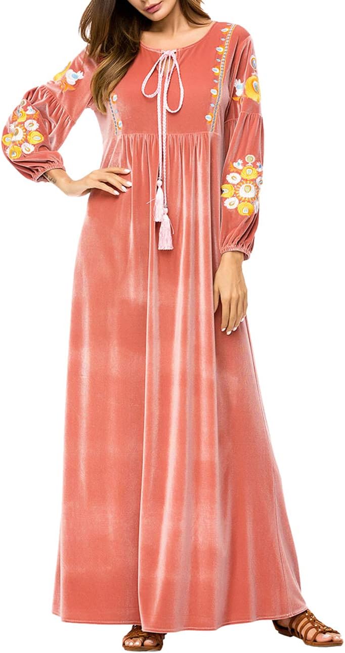 TAAMBAB Women Fashion Embroidered Maxi Dress Robe - Velvet Long Blouse Abaya Full Length Muslim Arabia Kaftan Winter Outfits Boho Clothes Costume