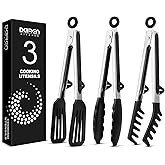 Kitchen Tongs for Cooking, 9 Inch Non Scratch Silicone Tip for Nonstick Cooking Pans, Food Grade Mini Serving Tongs, Pull Lock, Set of 3, Black