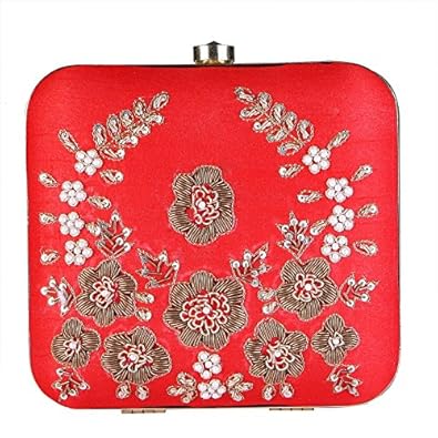 Red Zardozi Embroidery Square Box Clutch