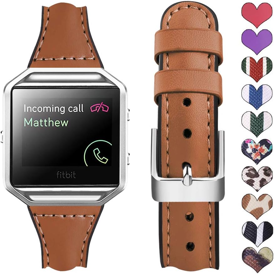 Dsytom Leather Silicone Band Compatible with Fitbit Blaze Bands,Sweatproof Slim Sport Strap Replacement Band with Metal Frame for Women(Brown)