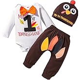 FOCUTEBB Thanksgiving Baby Boy Outfits Newborn My 1st Thanksgiving Turkey Romper Long Pants Hat 3PCS Outfits 0-18 Months