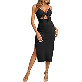 oten Women's Sexy Spaghetti Strap Tie Knot Cut Out Bodycon Sleeveless Ribbed Knit Slit Club Party Midi Dresses