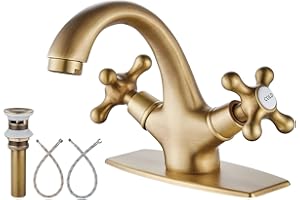 Aolemi Bathroom Sink Faucet Antique Brass Single Hole Cold and Hot Double Handle Cross Knobs Vanity Vessel Sink Basin Mixer Tap with Pop Up Drain with Overflow and Deck Cover Plate