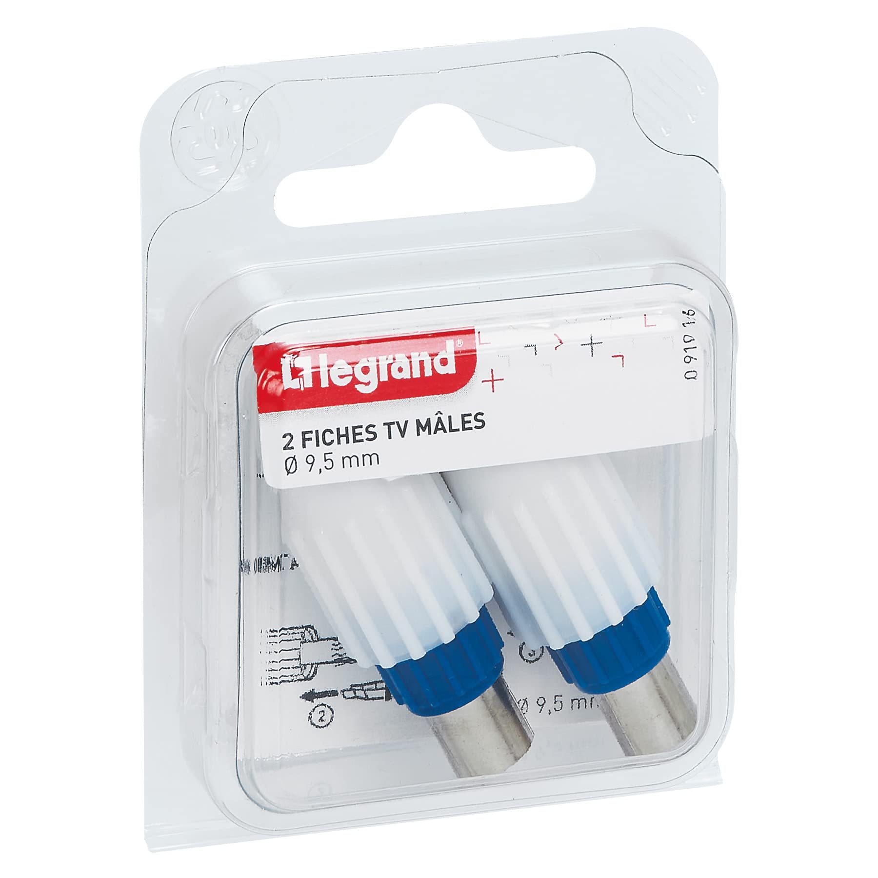 Legrand 091016 2 x Male Standardized Coaxial Television Plugs, Diameter 9.5 mm, White
