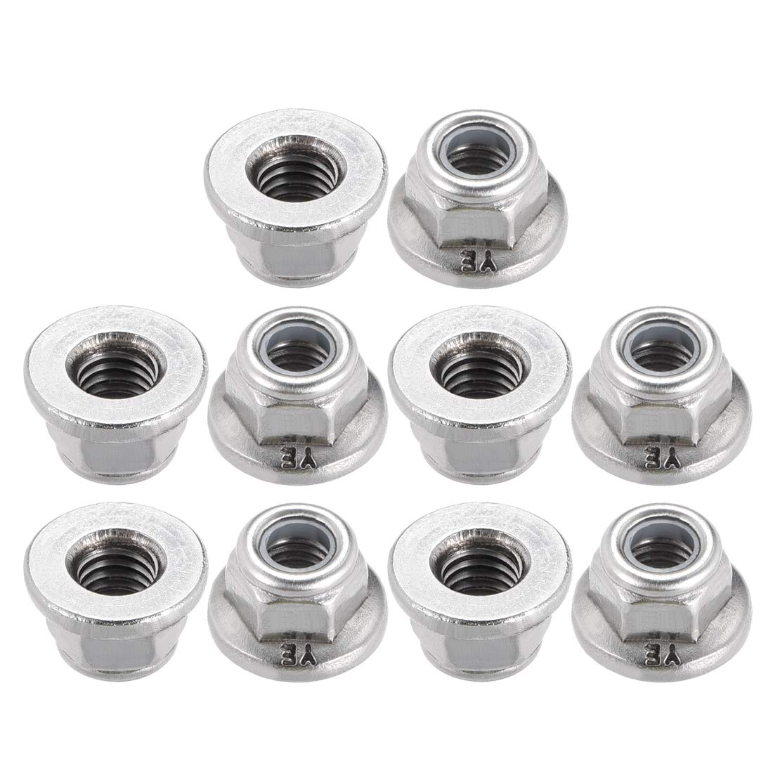 sourcing map M5x0.8mm Hex Flange Nylon Insert Lock Nuts, Stainless Steel 304, 10 Pcs