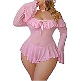 SHENHE Women's Plus Size Long Sleeve Lingerie Ruffle Mesh Sheer Babydoll Nightgown Nightdress with Thong