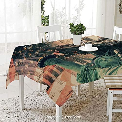 Premium Waterproof Table Cover New York City Street Scenery Liberty Statue and USA Flag Freedom Torch Illustration Washable Table Protectors for Family Dinners(W60 xL84)