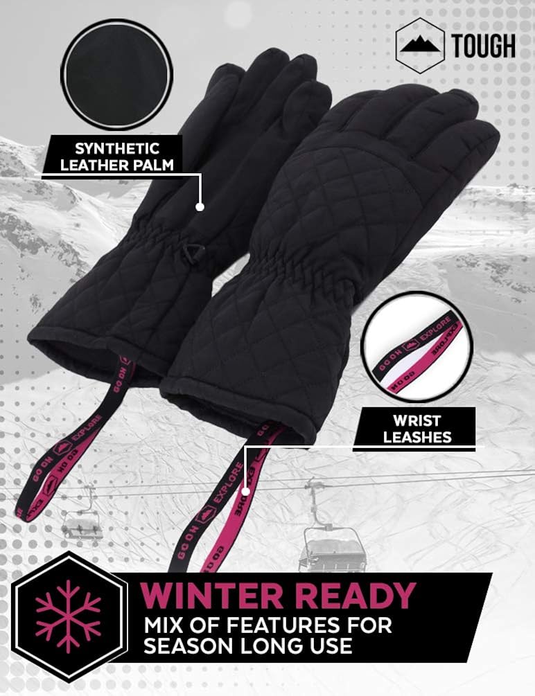 Womens Snow & Ski Gloves - Waterproof & Windproof Winter Snowboard Gloves for Cold Weather Skiing & Snowboarding - With Nylon Shell, Thermal Insulation, Synthetic Leather Palm & Wrist Straps : Clothing