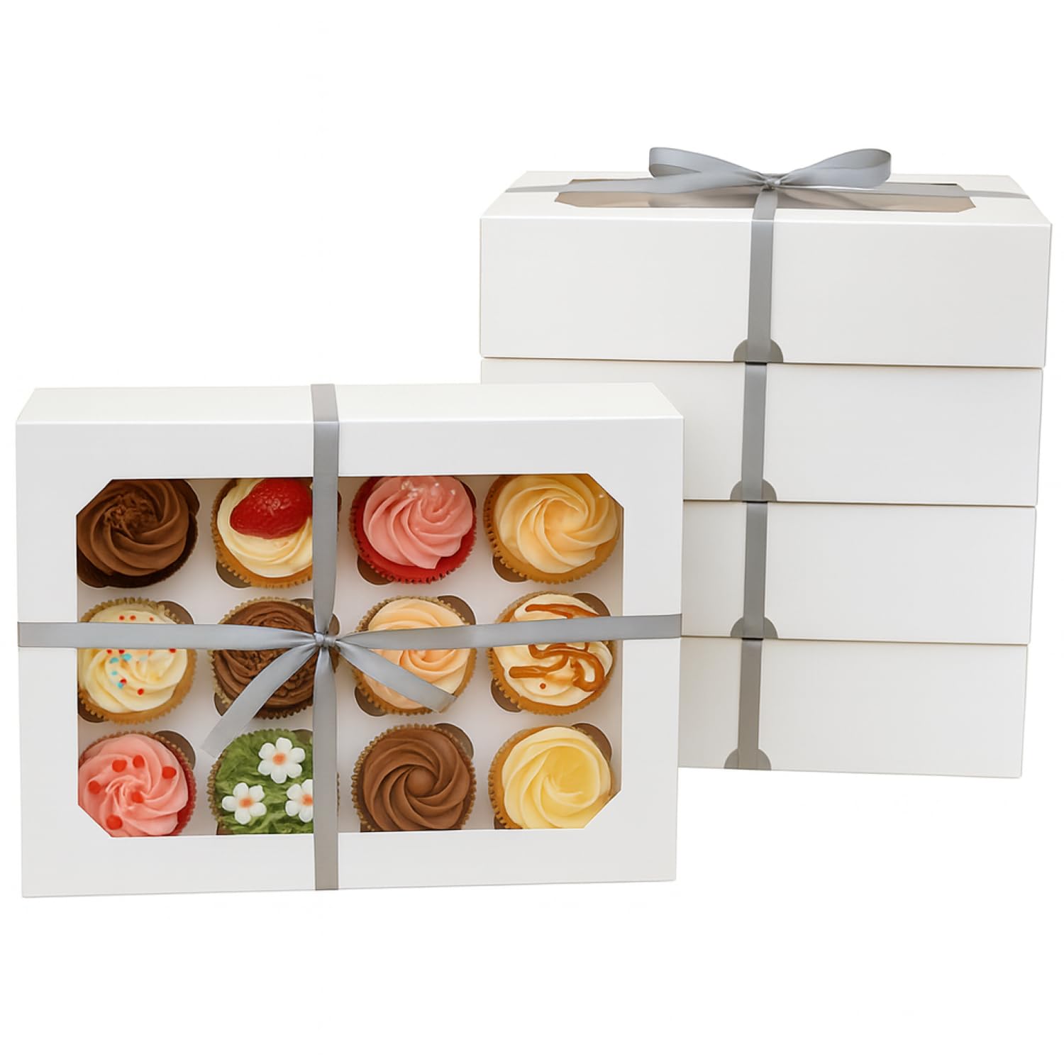 PACKARDI Pack of 5 White Cupcake Boxes 12 Hole with Window Including Ribbon and Stickers – Unique Cup cake Box with Auto Popup Perfect for Party Muffins, Cupcakes, Small Cakes & Cookies