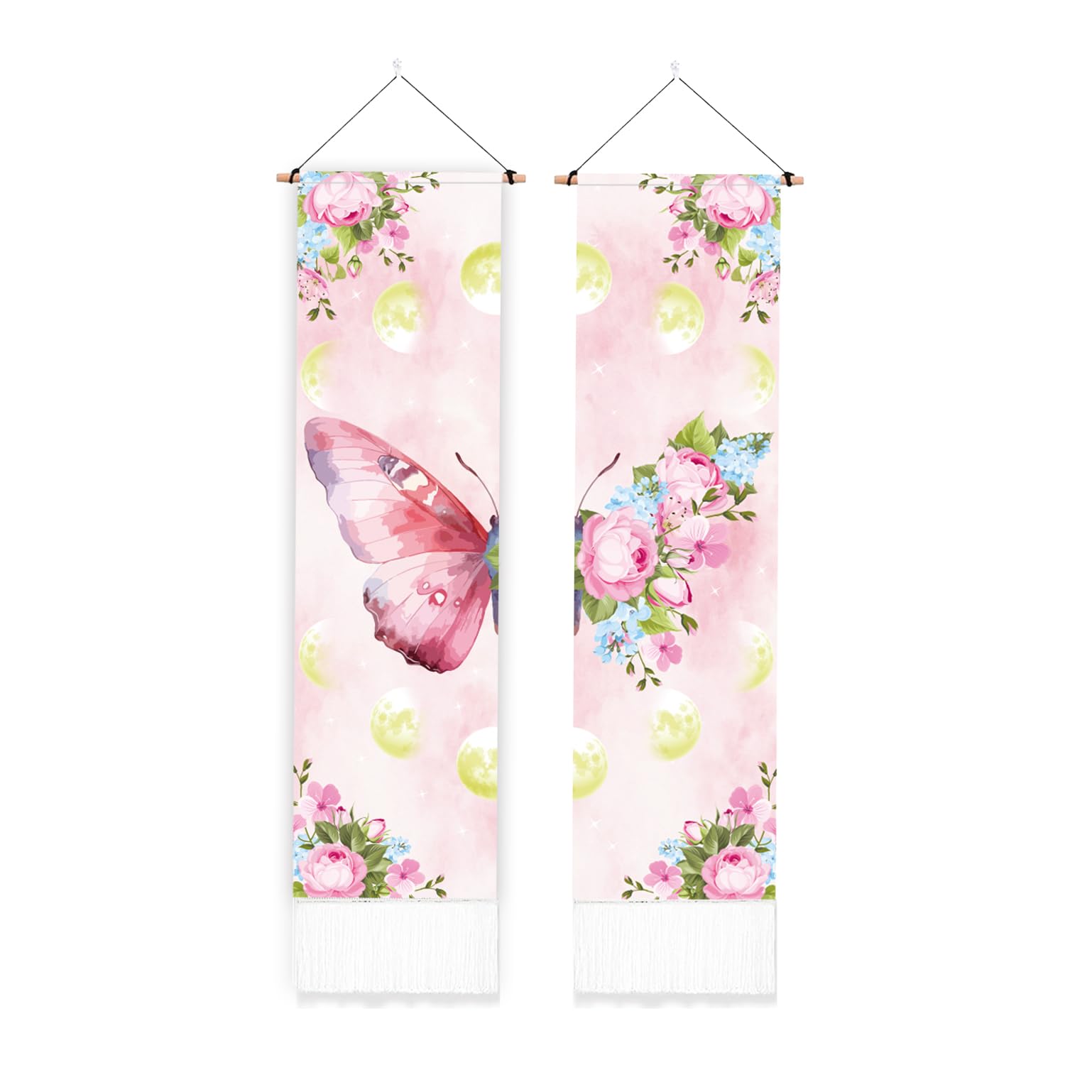 PLIGREAT 2 Pack Pink Butterfly Tapestry Aesthetic Wall Tapestry for Bedroom Bathroom Living Room Vintage Moon Phase Vertical Wall Hanging with Tassel Home Art Decor Housewarming Gift 52"x13"/130x33 cm