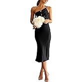 PRETTYGARDEN Women's Midi Satin Dress One Shoulder Spaghetti Strap Backless Ruched Summer Bodycon Dresses