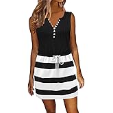 ETCYY Womens Summer Casual Dresses Sleeveless Beach Vacation Sundresses Drawstring Waist Short Striped Dress with Pockets