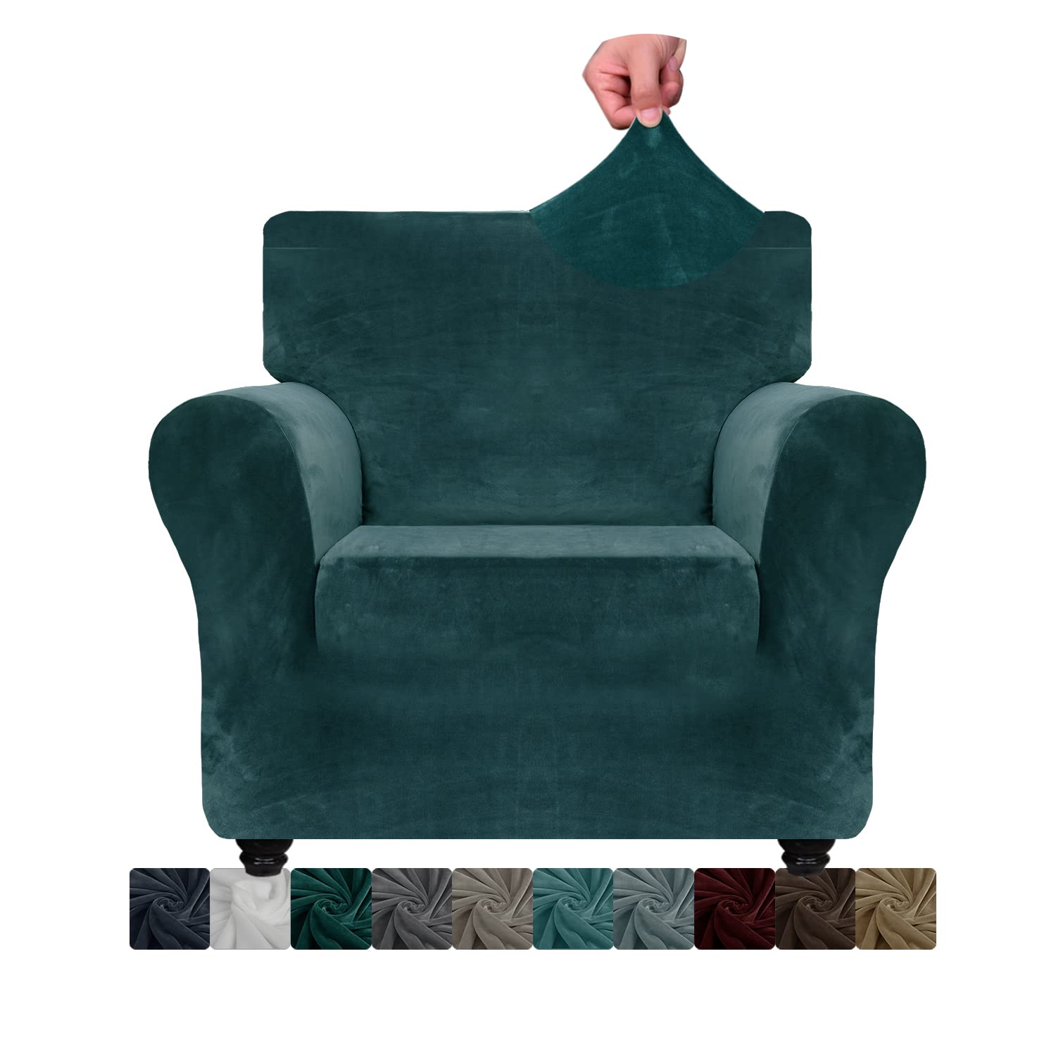 XINEAGE 1 Piece Velvet Chair Slipcovers for Living Room High Stretch Chair Covers with Arms Anti Slip Pets Friendly Couch Sofa Armchair Cover Furniture Protector (1 Seater, Blackish Green) — image 1