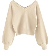 ZAFUL Women's Cropped Sweater V-Neck Long Sleeve Crop Sweater Pullover Jumper Knit Top