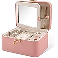 KAMIER Jewelry Boxes for Women, 2 Layers PU Leather Travel Jewelry Box, Large Capacity, Double Lock and Large Mirror, Hidden Necklace Hooks, Removable Dividers, Gift Box Packaging, Pink