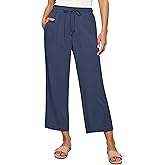 GRAPENT Linen Pants for Women High Waisted Wide Leg Capri Elastic Waist Casual Beach Flowy Cropped Summer Capris Pants