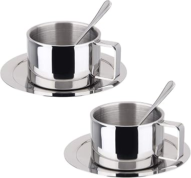 Insulated Stainless Steel Espresso Cup Set Kacierr Double Walled Stainless Steel Cappuccino Coffee Latte Tea Cup Espresso Mug With Saucer And Spoon Set Of 2 6oz Grandaeggienni