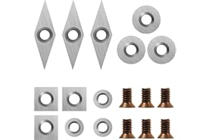 DEEFIINE 18 Pieces Tungsten Carbide Cutters Inserts Set for Wood Lathe Turning Tools Include 11 mm Square with Radius, 12 mm and 8.9 mm Round, 30 x 10 mm Diamond with Pointed Point,6 Pieces screws.