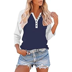 3/4 Length Sleeve Womens Tops Cotton Dressy V Neck