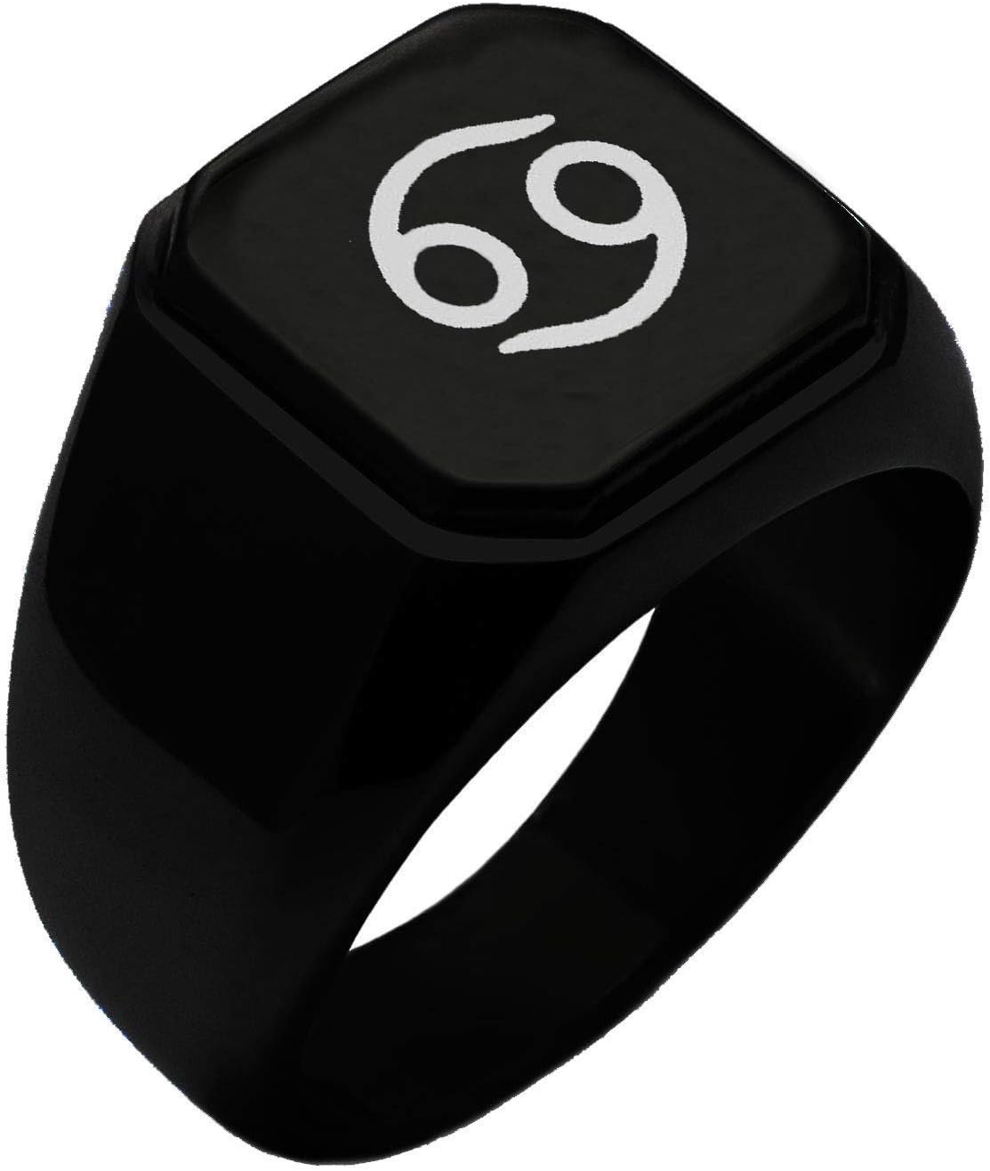 Tungsten King Stainless Steel Black Plated Zodiac Symbol Mens Square Flat Top Biker Style Signet Ring for Wife Girlfriend Husband Boyfriend Size 7-14 Half Sizes Included
