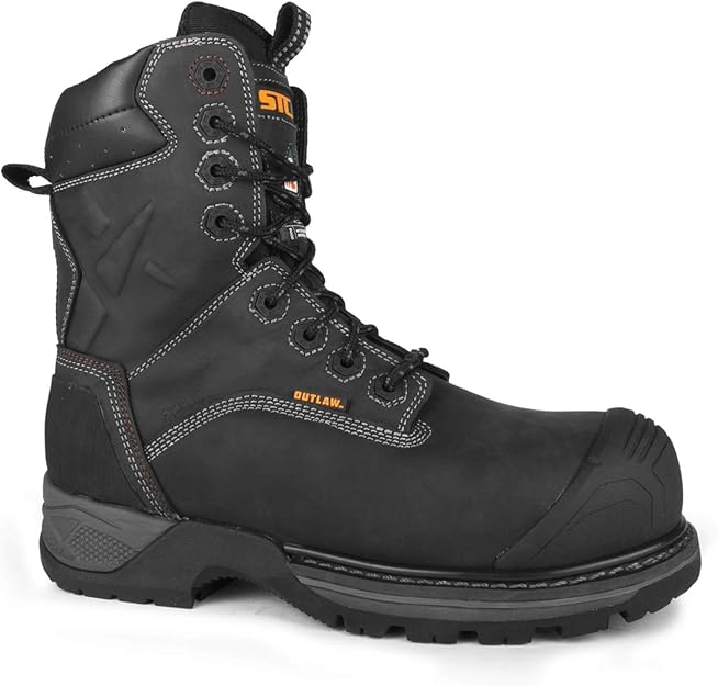 STC Footwear, Rebel (S29046) Black, Waterproof 8" Work Boots Metal