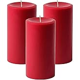 Mister Candle Unscented Red Pillar Candles Set of 3 – Dripless Smokeless 3x6 Inch Candles, Hand Poured Premium Wax, 80 Hour Burn, Solid Color Non-Scented Candles for Home Decor, Christmas & Weddings