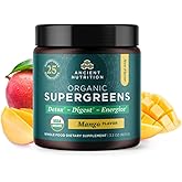 Ancient Nutrition SuperGreens Powder with Probiotics, Organic Mango Flavor Greens, Made from Real Fruits, Vegetables and Herbs, Digestive and Energy Support, 12 Servings, 3.3oz