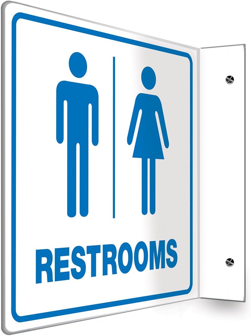 Accuform "Restrooms", 90D Projection Sign, 8" x 8" Panel, 0.10" Thick High-Impact Plastic, Pre-Drilled Mounting Holes, Blue on White