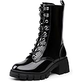 IDIFU IN3 Platform Combat Boots for Women Mid Calf Lace Up Boots Lug Sole Low Chunky Block Heel Boots Closed Round Toe Side Zipper Booties Fashion Thick Fall Heeled Boots-LOOSEN ALL LACES FIRSTLY
