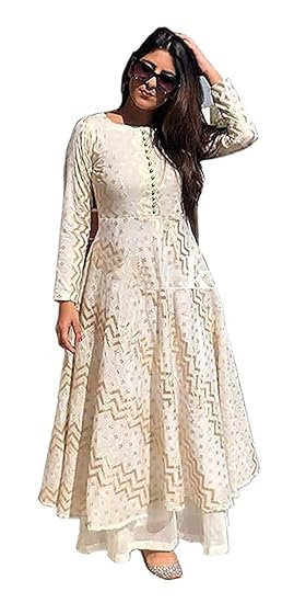 Fashion Rayon Anarkali Kurti with Palazzo for Women and Girls White