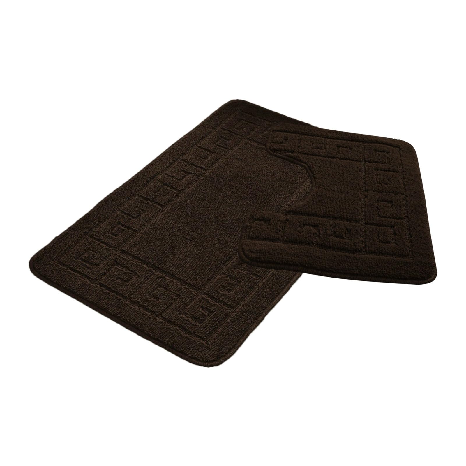 FAIRWAYUK Bathroom Mats Sets 2 Pieces, Ultra Plush Greek Pattern Bath Toilet Mat Anti Slip Pedestal Set, Extra Absorbent 100% Polypropylene Rug, Bathroom Accessory (Choco)