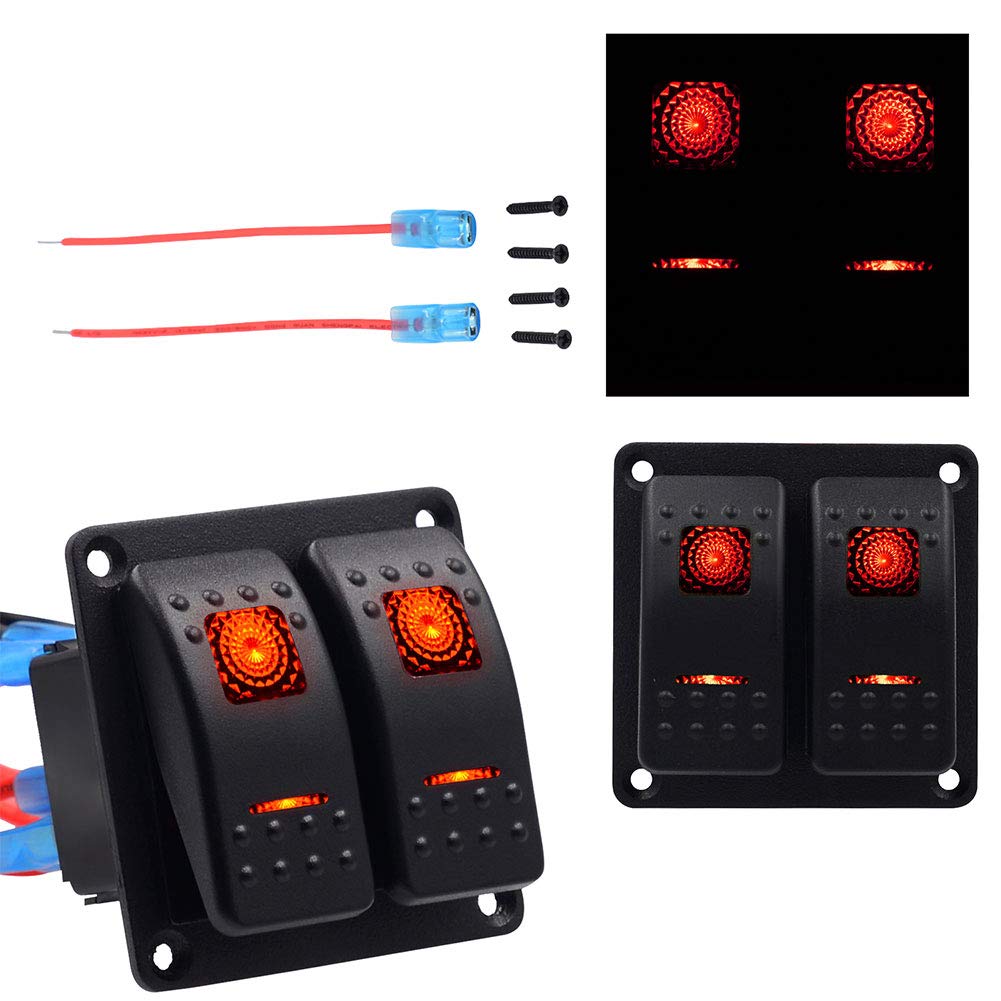 JUST N1 Rocker Switch Panel 2 Gang Waterproof Marine Boat LED Indicator with Circuit Breaker for 12V RV Auto Car Vehicle Truck Trailer Styling Fuse Panel On-Off Universal