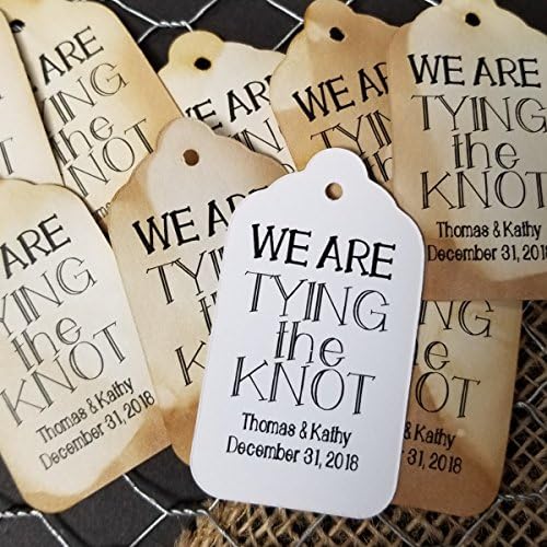 We are Tying the Knot Personalized White or Tea Stained Favor Tag sets of 50 Tags (my MEDIUM tag) 1 3/8" x 2 1/2"
