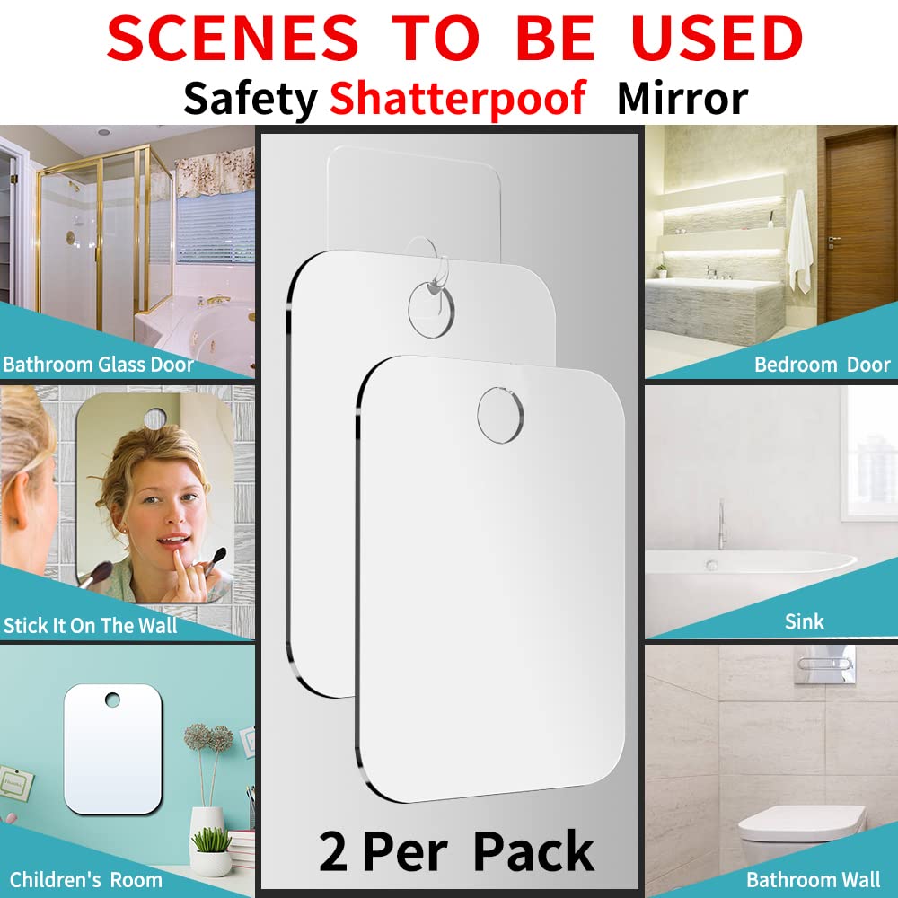 Shatterproof Shower Mirror Fogless for Shaving(2 Pack,Larger 10.7x8 inch) 43% Than Original,Unbreakable Deluxe Plexiglass Makeup Mirror,Largest Bathroom Wall Hanging,Portable Handheld Camping,Silver
