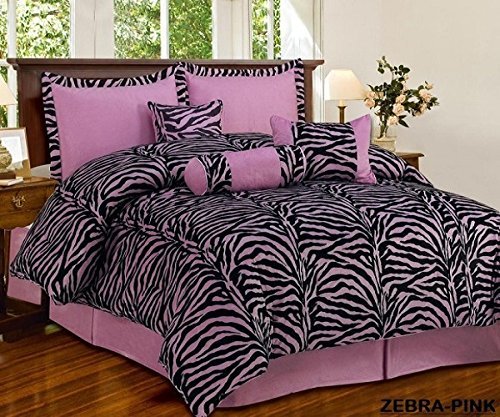 Lovely 7 Piece Mauve Pink Black Zebra Micro Fur Comforter Set Full