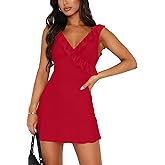 OWIN Women's Sexy V Neck Sleeveless Mesh Ruffles Cocktail Mini Dresses Backless Bodycon Short Club Party Dress