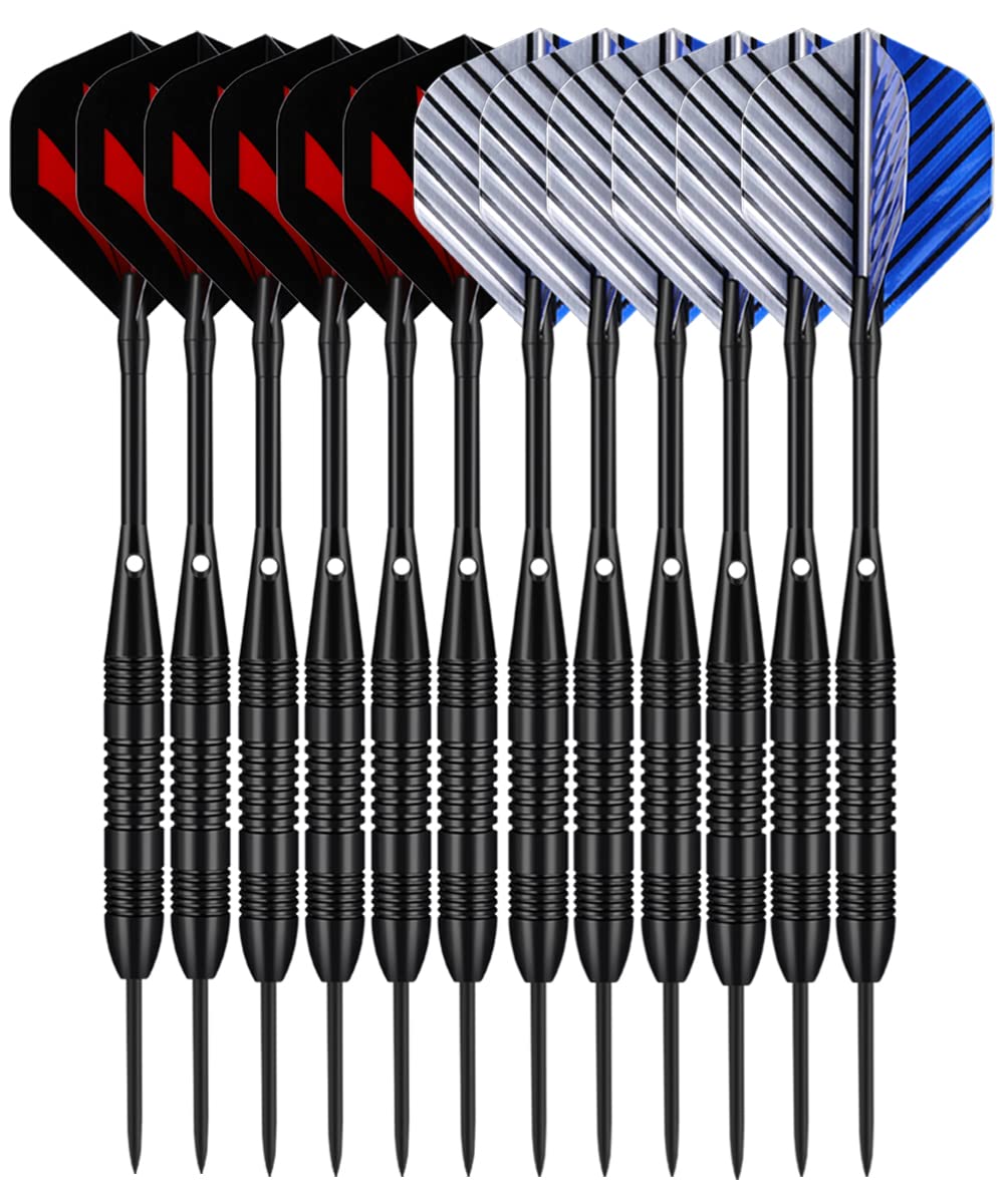 LARRITS 12 Pack 23G Steel Darts Set With Aluminium Shafts 24 Pcs Dart Flights 50 Rubber O-rings Dart Sharpener Dart Flight Protector…