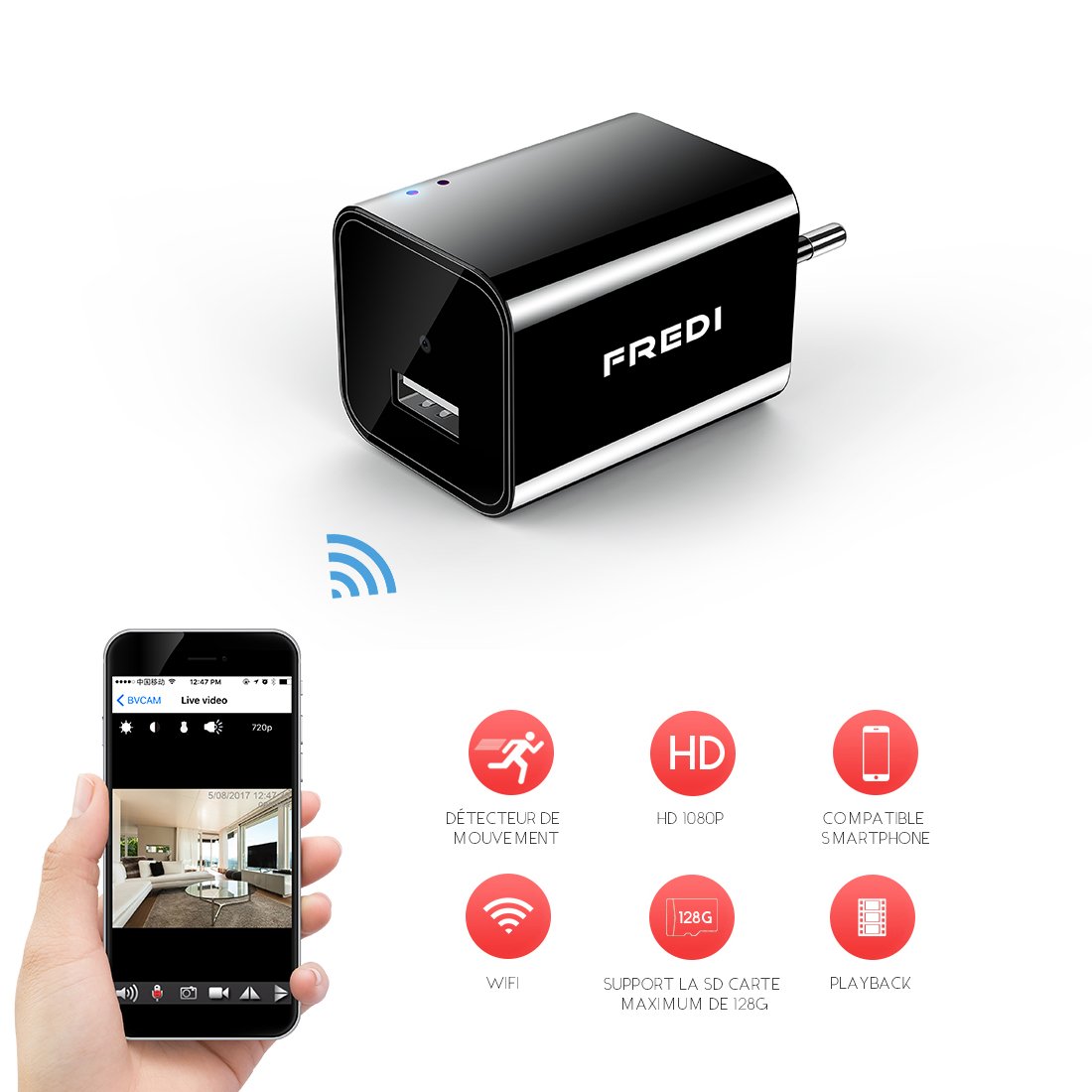 FREDI 1080P Mini Caméra Espion WiFi Caméscope Caché IP sans Fil Sécurité Caméra de Surveillance Chargeur USB Portable Détection de Mouvement (Jusqu\'à 128 Go)