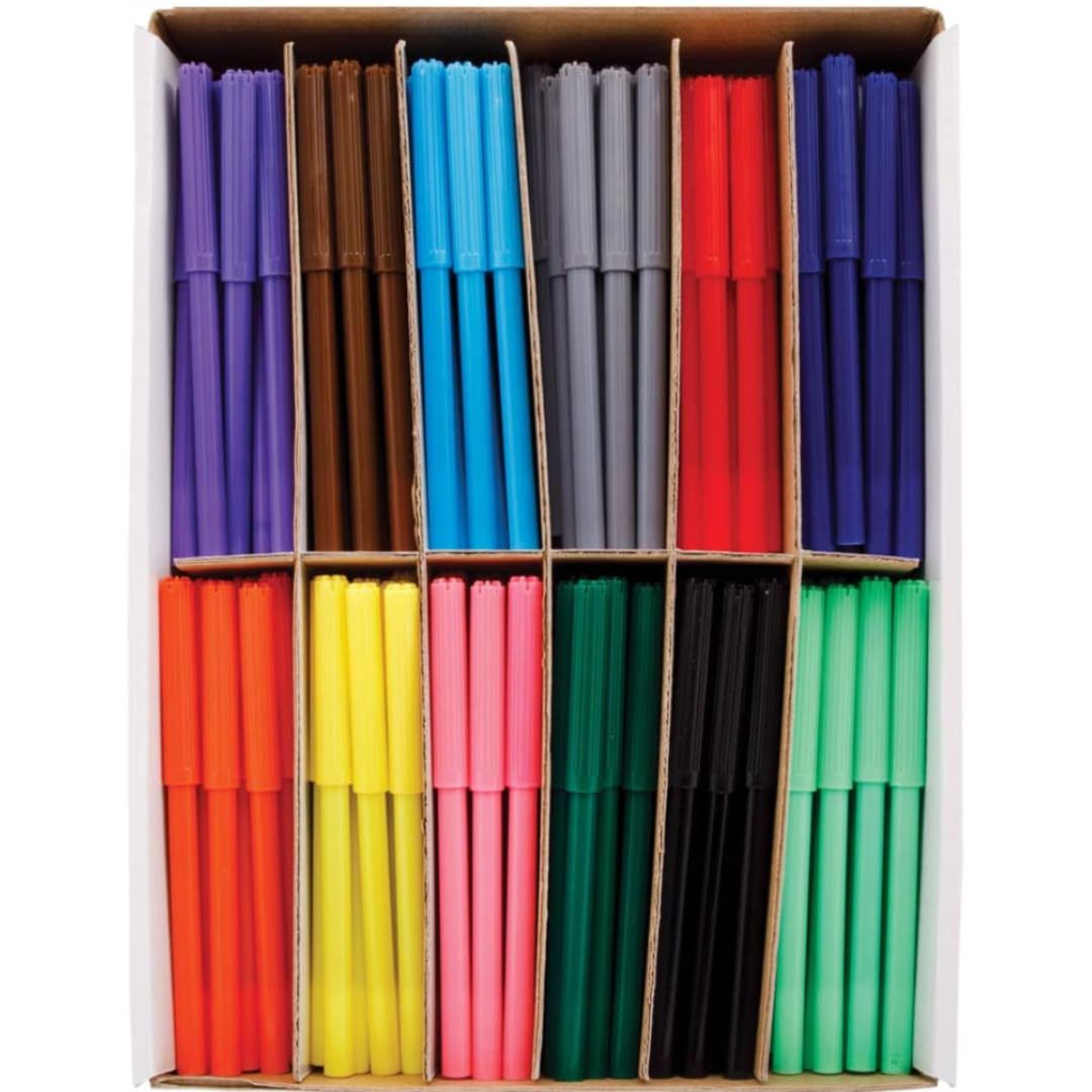 Baker Ross FE414 fine tip fibre tip pens - pack of 144, bulk colouring pens, assorted colours