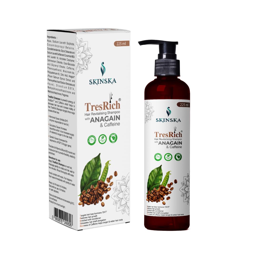 SKINSKA NATURALS TresRich Revitalizing Shampoo for Dry & Frizz-Prone Hair – With AnaGain & Caffeine, Gentle Daily Hair Cleanser for Scalp & Hair Care – Suitable for Men & Women – 225ml/7.60 fl oz